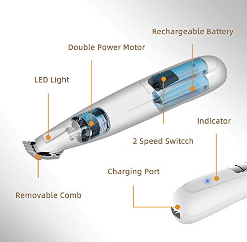 Electric Dog Paw Fur Trimmer Cordless Ear Hair Clipper Small Cats Dogs Clippers Light up Puppy Grooming Clippers 2 Speeds Rechargeable Cat Trimmer Quiet Grooming for Paw Eyes Ears Face Rump Easter