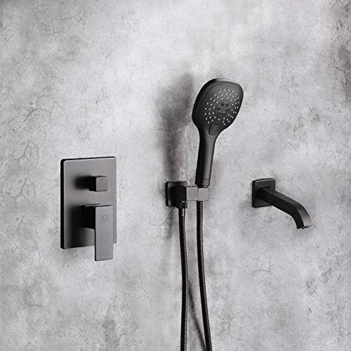 POP Matte Black Wall Mounted Tub Faucet with Hand Shower, Bathroom Wall Mount Tub Filler Spout Single Handle Solid Brass Bathtub Faucet with Handheld Shower for Bath