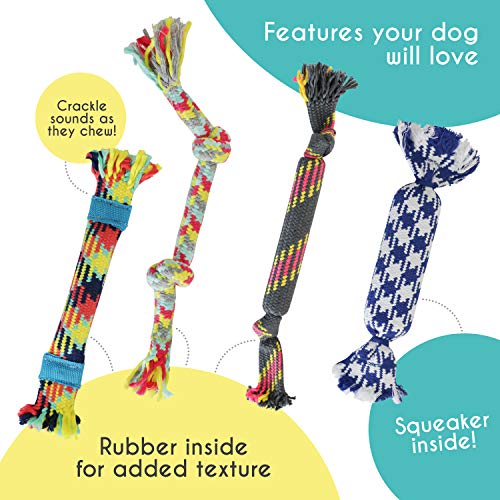 rocket & rex Dog Rope Toys | Puppy Rope Toy and Rope Toys for Small Dogs | 4 Piece Rope Toy Set with Rubber and Crackle for Added Chewing Fun | for Small Breeds and Puppies