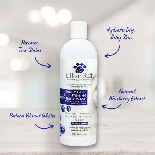 Lillian Ruff Berry Blue Brightening Face and Body Wash for Dogs and Cats - Tear Free Blueberry Shampoo - Remove Tear Stains, Hydrate Dry Itchy Skin, Add Shine & Luster to Coats - Made in USA