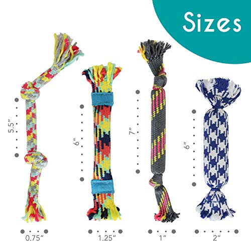 rocket & rex Dog Rope Toys | Puppy Rope Toy and Rope Toys for Small Dogs | 4 Piece Rope Toy Set with Rubber and Crackle for Added Chewing Fun | for Small Breeds and Puppies