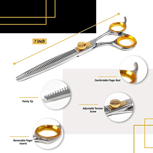 Sharf Pet Thinning Shears Gold Touch 7" 46-Tooth Professional Dog Grooming Scissors, Slim Pointed Tip Shear, Sharp 440c Japanese Stainless Steel Dog Thinning Scissors.