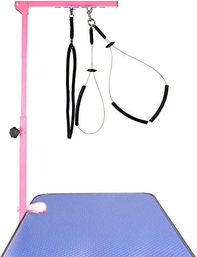 Downtown Pet Supply - Portable Dog Grooming Arm with Loop & Clamp for Pet Grooming Table - Dog Grooming Supplies 27in Foldable Pink Steel Arm with 2 No Sit Haunch Holders Size S/M (19 or 21in)