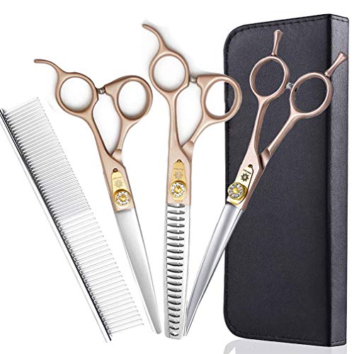 7 Inch Professional Pet Grooming Scissor, 440C Japanese Steel Straight & Curved & Thinning & Chunker Shears/Scissors for Dog Cat and More Pets (7-inch-Grooming Scissors Set 02)