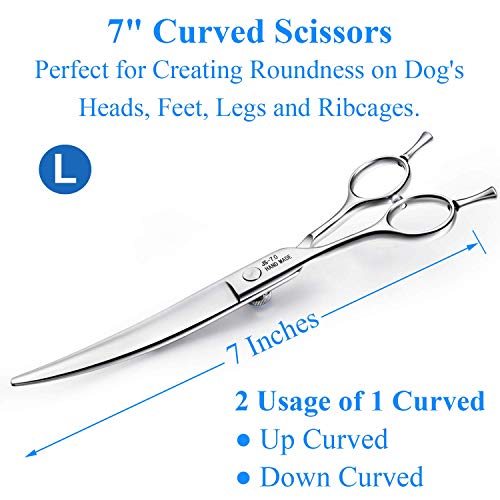 JASON Left Handed 7" Dog Grooming Scissors, Ergonomic Blending, Chunkers, Curved, Straight Cat Pet Hair Trimming Thinning Shears with Offset Handle and a Jewelled Screw, Professional