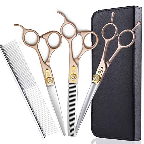 7 Inches Professional Pet Grooming Scissors, 440C Japanese Steel Straight & Curved & Thinning & Chunker Shears/Scissors for Dog Cat and More Pets (7 inch-Grooming Scissors Set)