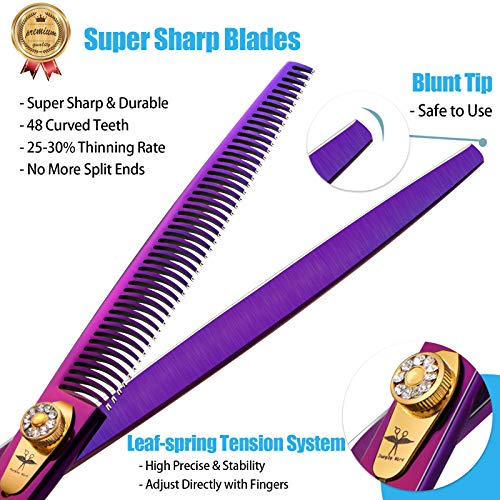 8 Inch Straight Dog Grooming Scissors Professional Pet Thinning Texturizing Shears Safety Noiseless Blunt Tip Trimming Shearing for Dogs Cats Japanese Stainless Steel Purple