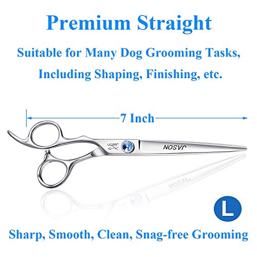JASON Left Handed 7" Dog Grooming Scissors Set, 3 in 1 Ergonomic Blending, Curved, Straight Cat Pet Hair Trimming Thinning Professional Kits with Offset Handle and a Jeweled Screw