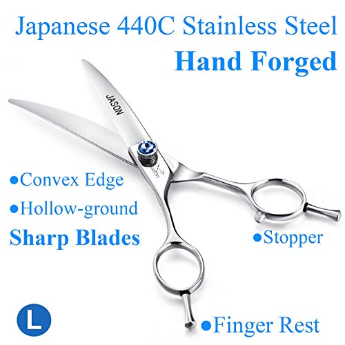 JASON Left Handed 7" Dog Grooming Scissors, Ergonomic Blending, Chunkers, Curved, Straight Cat Pet Hair Trimming Thinning Shears with Offset Handle and a Jewelled Screw, Professional