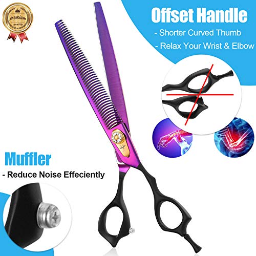 8 Inch Straight Dog Grooming Scissors Professional Pet Thinning Texturizing Shears Safety Noiseless Blunt Tip Trimming Shearing for Dogs Cats Japanese Stainless Steel Purple