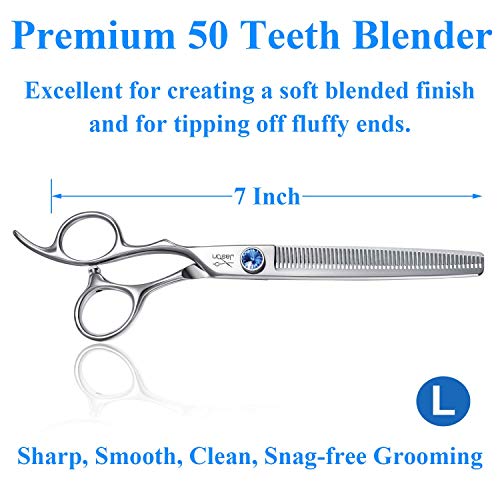 JASON Left Handed 7" Dog Grooming Scissors Set, 3 in 1 Ergonomic Blending, Curved, Straight Cat Pet Hair Trimming Thinning Professional Kits with Offset Handle and a Jeweled Screw