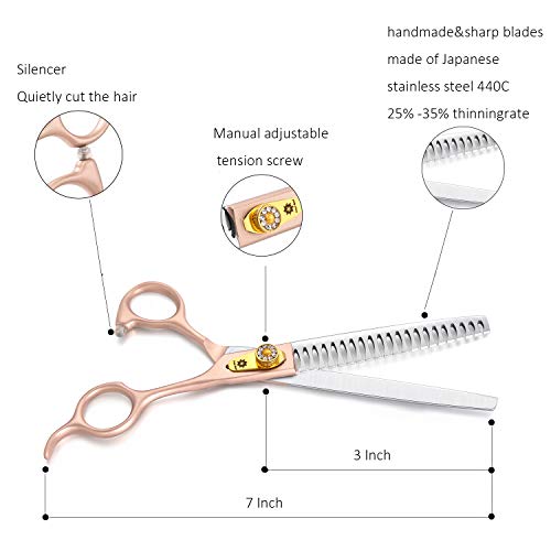 7 Inch Professional Pet Grooming Scissor, 440C Japanese Steel Straight & Curved & Thinning & Chunker Shears/Scissors for Dog Cat and More Pets (7-inch-Grooming Scissors Set 02)