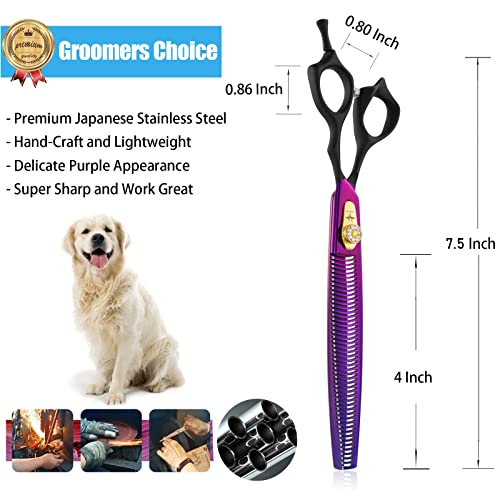 8 Inch Straight Dog Grooming Scissors Professional Pet Thinning Texturizing Shears Safety Noiseless Blunt Tip Trimming Shearing for Dogs Cats Japanese Stainless Steel Purple