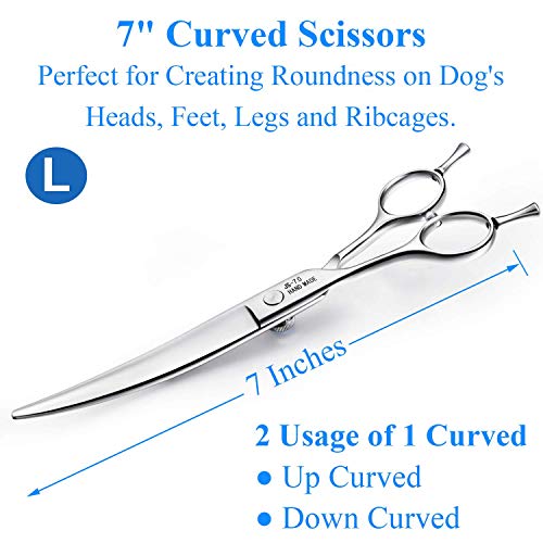 JASON Left Handed 7" Dog Grooming Scissors Set, 3 in 1 Ergonomic Blending, Curved, Straight Cat Pet Hair Trimming Thinning Professional Kits with Offset Handle and a Jeweled Screw