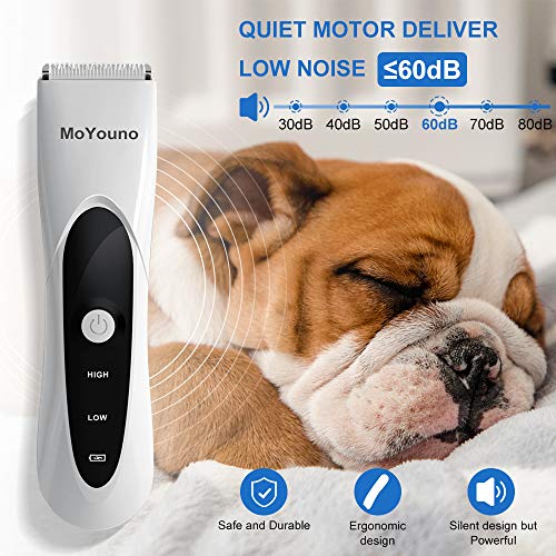 MoYouno Dog Clippers for Grooming Pet Hair Trimmer for Cats Rabbits, 2 in 1 Rechargeable Grooming Shaver for Thick Coats Small Areas, Low Noise Cordless Dog Home Grooming Kit with Guide Combs Scissors