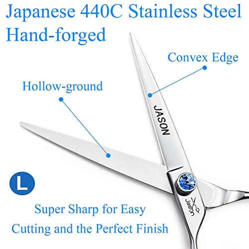 JASON Left Handed 7" Dog Grooming Scissors Set, 3 in 1 Ergonomic Blending, Curved, Straight Cat Pet Hair Trimming Thinning Professional Kits with Offset Handle and a Jeweled Screw