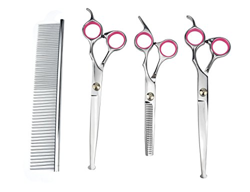 LILYS PET 7.0"/7.5" Round-TIP Safety Professional Stainless Steel PET Dog Cat Grooming Scissors Set,Pink Ring, Cutting&Curved&Thinning Shears Set (3+1 PCS, 7.0")