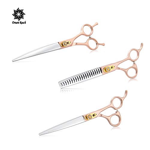 7 Inch Professional Pet Grooming Scissor, 440C Japanese Steel Straight & Curved & Thinning & Chunker Shears/Scissors for Dog Cat and More Pets (7-inch-Grooming Scissors Set 02)