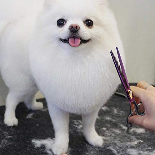 8 Inch Straight Dog Grooming Scissors Professional Pet Thinning Texturizing Shears Safety Noiseless Blunt Tip Trimming Shearing for Dogs Cats Japanese Stainless Steel Purple