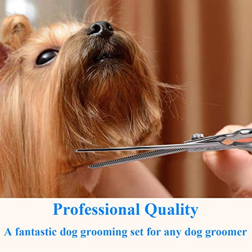 JASON Left Handed 7" Dog Grooming Scissors Set, 3 in 1 Ergonomic Blending, Curved, Straight Cat Pet Hair Trimming Thinning Professional Kits with Offset Handle and a Jeweled Screw