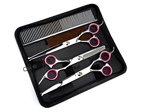 LILYS PET 7.0"/7.5" Round-TIP Safety Professional Stainless Steel PET Dog Cat Grooming Scissors Set,Pink Ring, Cutting&Curved&Thinning Shears Set (3+1 PCS, 7.0")