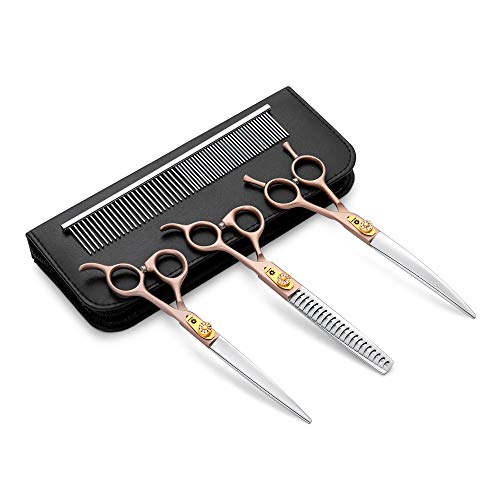 7 Inch Professional Pet Grooming Scissor, 440C Japanese Steel Straight & Curved & Thinning & Chunker Shears/Scissors for Dog Cat and More Pets (7-inch-Grooming Scissors Set 02)