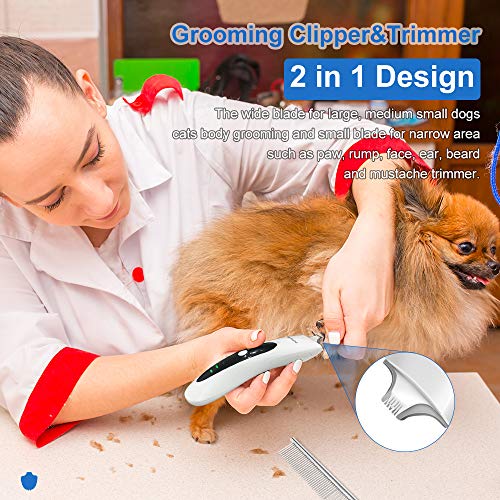 MoYouno Dog Clippers for Grooming Pet Hair Trimmer for Cats Rabbits, 2 in 1 Rechargeable Grooming Shaver for Thick Coats Small Areas, Low Noise Cordless Dog Home Grooming Kit with Guide Combs Scissors