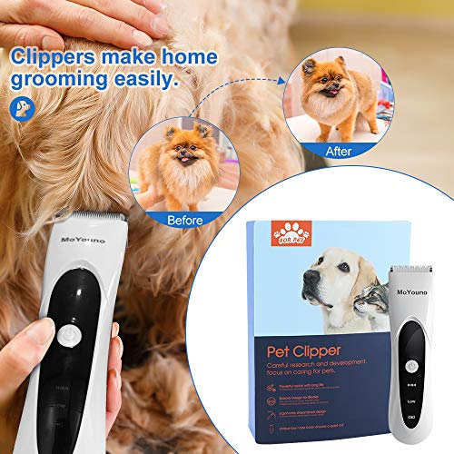 MoYouno Dog Clippers for Grooming Pet Hair Trimmer for Cats Rabbits, 2 in 1 Rechargeable Grooming Shaver for Thick Coats Small Areas, Low Noise Cordless Dog Home Grooming Kit with Guide Combs Scissors