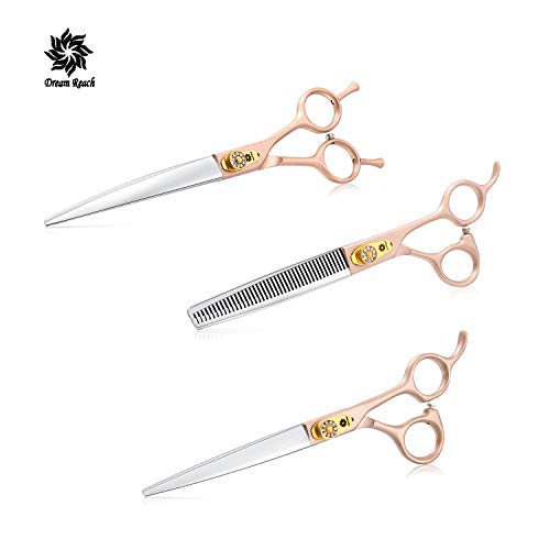 7 Inches Professional Pet Grooming Scissors, 440C Japanese Steel Straight & Curved & Thinning & Chunker Shears/Scissors for Dog Cat and More Pets (7 inch-Grooming Scissors Set)