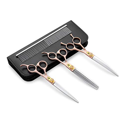 7 Inches Professional Pet Grooming Scissors, 440C Japanese Steel Straight & Curved & Thinning & Chunker Shears/Scissors for Dog Cat and More Pets (7 inch-Grooming Scissors Set)