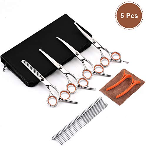 PETTOM Pet Grooming Scissors Set 5-in-1 Safety Round Tip Dog Grooming Blender Shears Kit for Full Body & Facial Trimmer