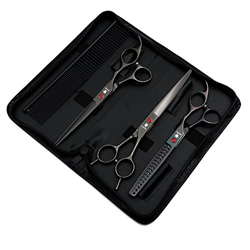 Smith Chu Professional Pet Dog Grooming Scissors Kit - Premium Stainless Steel Straight Curved Thinning Blade Dog Hair Cutting Shears Set -Best Tools for Trimming,7 inch Gun Black with Case (Set)