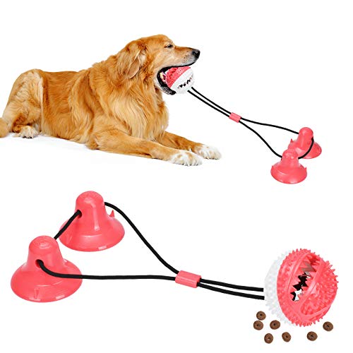 PetBonus Dog Chew Toys, Pet Rope Toys with 2 Suction Cups, Dog Puzzle and Teeth Cleaning Toy, Interactive Treat Food Dispensing Toys for Small Medium Large Dogs (Red, White)