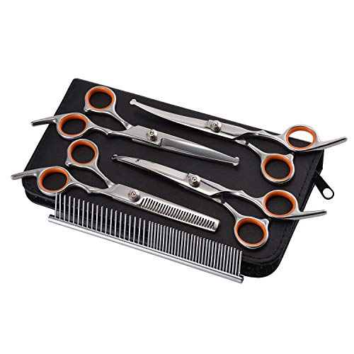 PETTOM Pet Grooming Scissors Set 5-in-1 Safety Round Tip Dog Grooming Blender Shears Kit for Full Body & Facial Trimmer