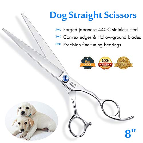 JASON 8" Straight Dog Grooming Scissors Long Pets Grooming Shears Premium Cats Trimming Kit with Offset Handle and a Jewelled Screw Sharp Comfortable Durable Light-Weight
