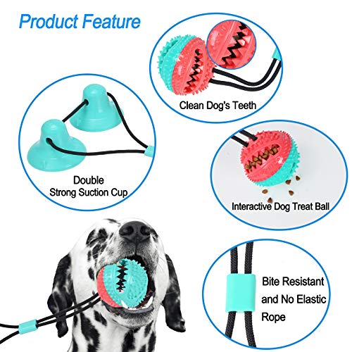 PetBonus Dog Chew Toys, Pet Rope Toys with 2 Suction Cups, Dog Puzzle and Teeth Cleaning Toy, Interactive Treat Food Dispensing Toys for Small Medium Large Dogs (Turquoise, Red)