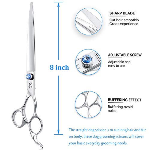 JASON 8" Straight Dog Grooming Scissors Long Pets Grooming Shears Premium Cats Trimming Kit with Offset Handle and a Jewelled Screw Sharp Comfortable Durable Light-Weight
