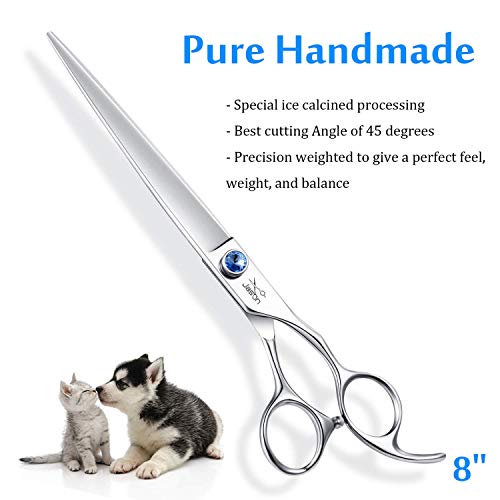 JASON 8" Straight Dog Grooming Scissors Long Pets Grooming Shears Premium Cats Trimming Kit with Offset Handle and a Jewelled Screw Sharp Comfortable Durable Light-Weight