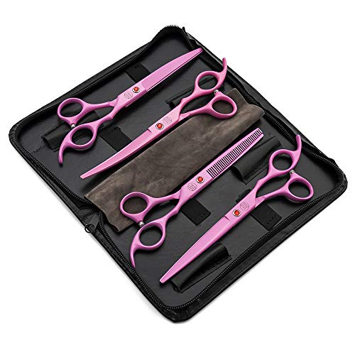 Moontay Professional 7.0" Dog Grooming Scissors Set, 4-pieces Straight, Upward Curved, Downward Curved, Thinning/Blending Shears for Dog, Cat and Pets, JP Stainless Steel, Pink