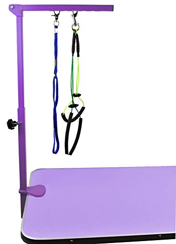 Downtown Pet Supply - Portable Dog Grooming Arm with Loop & Clamp for Pet Grooming Table - Dog Grooming Supplies 27in Foldable Purple Steel Arm with S/M (19 or 21in) No Sit Haunch Holder