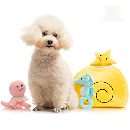 Hollypet Designed Interactive Squeaky Puzzle Plush Hide and Seek Dog Puppy Toy, Sea Animals