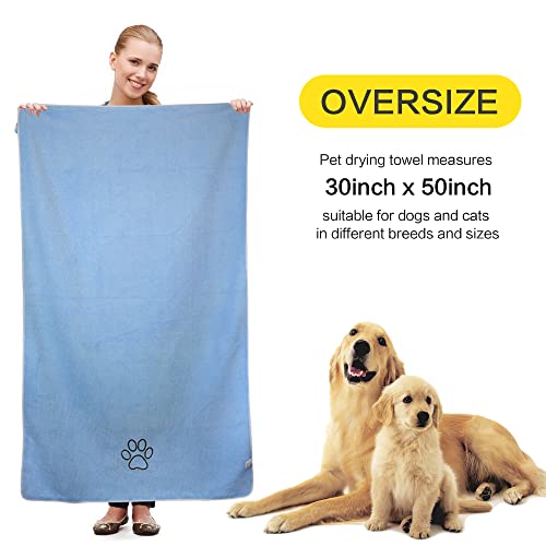 KinHwa Dog Towel Super Absorbent Pet Bath Towel Microfiber Dog Drying Towel for Small, Medium, Large Dogs and Cats 30inch x 50inch Light-Blue
