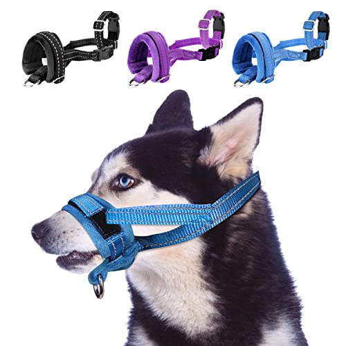 SlowTon Soft Dog Muzzle, Adjustable Padded Nylon Muzzle for Large Medium Dogs Anti Chewing Barking Biting, Allow Dog Pant & Drink (Blue, L)