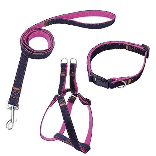 Bark Lover Dog Harness Leash and Collar Matching Sets for Small Puppy Medium Large Dogs Pets, Heavy Duty Nylon with Denim Design, Perfect Accessories for Walking Training Your Dog(M,Pink)