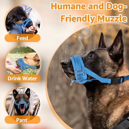 SlowTon Soft Dog Muzzle, Adjustable Padded Nylon Muzzle for Large Medium Dogs Anti Chewing Barking Biting, Allow Dog Pant & Drink (Blue, L)
