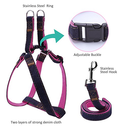 Bark Lover Dog Harness Leash and Collar Matching Sets for Small Puppy Medium Large Dogs Pets, Heavy Duty Nylon with Denim Design, Perfect Accessories for Walking Training Your Dog(M,Pink)