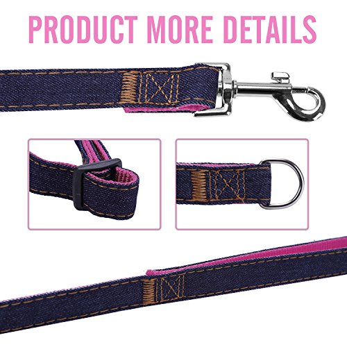 Bark Lover Dog Harness Leash and Collar Matching Sets for Small Puppy Medium Large Dogs Pets, Heavy Duty Nylon with Denim Design, Perfect Accessories for Walking Training Your Dog(M,Pink)