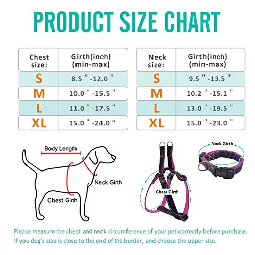 Bark Lover Dog Harness Leash and Collar Matching Sets for Small Puppy Medium Large Dogs Pets, Heavy Duty Nylon with Denim Design, Perfect Accessories for Walking Training Your Dog(M,Pink)