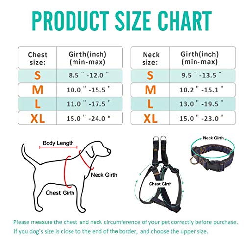 Bark Lover Dog Harness Leash and Collar Matching Sets for Small Puppy Medium Large Dogs Pets, Heavy Duty Nylon with Denim Design, Perfect Accessories for Walking Training Your Dog(L,Black)