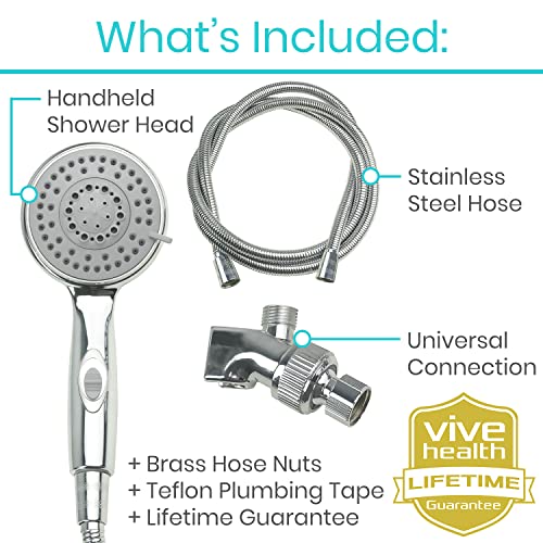 Vive Handheld Shower Head - Long Hose, High Pressure, Chrome Finish Bathroom Faucet Kit with Large Waterfall, Rainfall Head - Universal Adapter Holder Mount for Wall - Clean, Overhead Rain Style